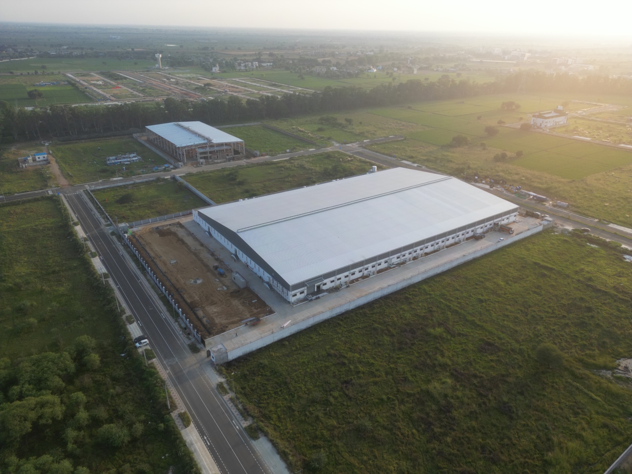 Completed industrial shed, aerial view
